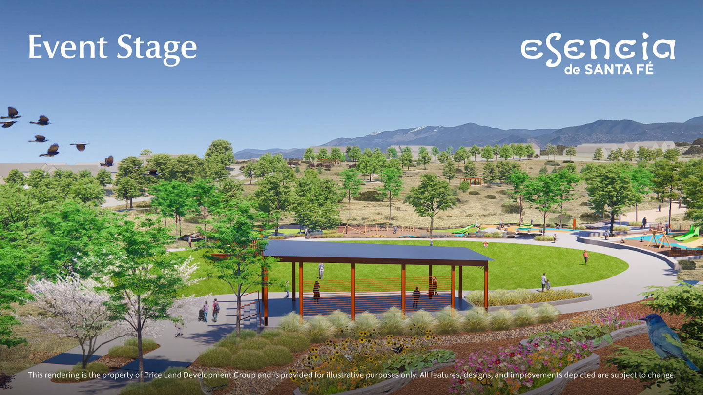 Rendering of community event stage and park at Esencia de Santa Fe in Santa Fe New Mexico