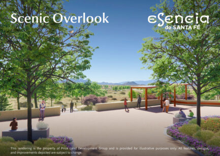 Rendering of scenic overlook with pergola and mountain views at Esencia de Santa Fe Santa Fe New Mexico