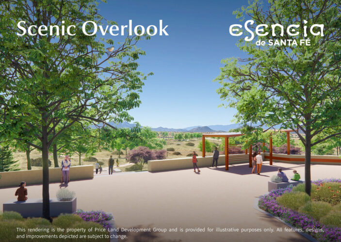 Rendering of scenic overlook with pergola and mountain views at Esencia de Santa Fe Santa Fe New Mexico