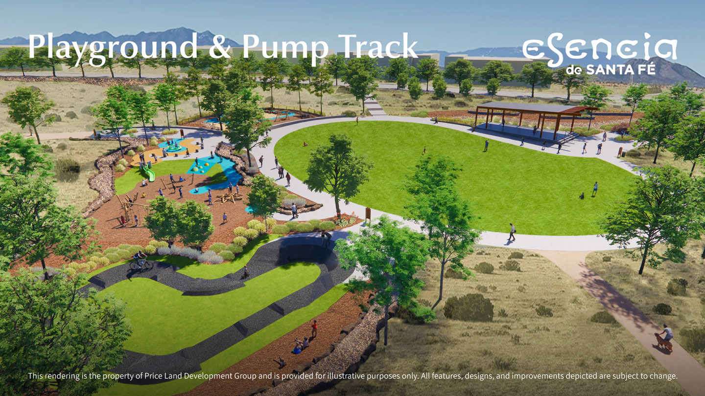 Rendering of playground and bike pump track at Esencia de Santa Fe community park in Santa Fe New Mexico