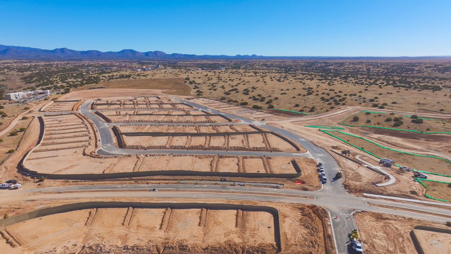 Aerial view of new homes under development at Esencia de Santa Fe neighborhood in Santa Fe New Mexico